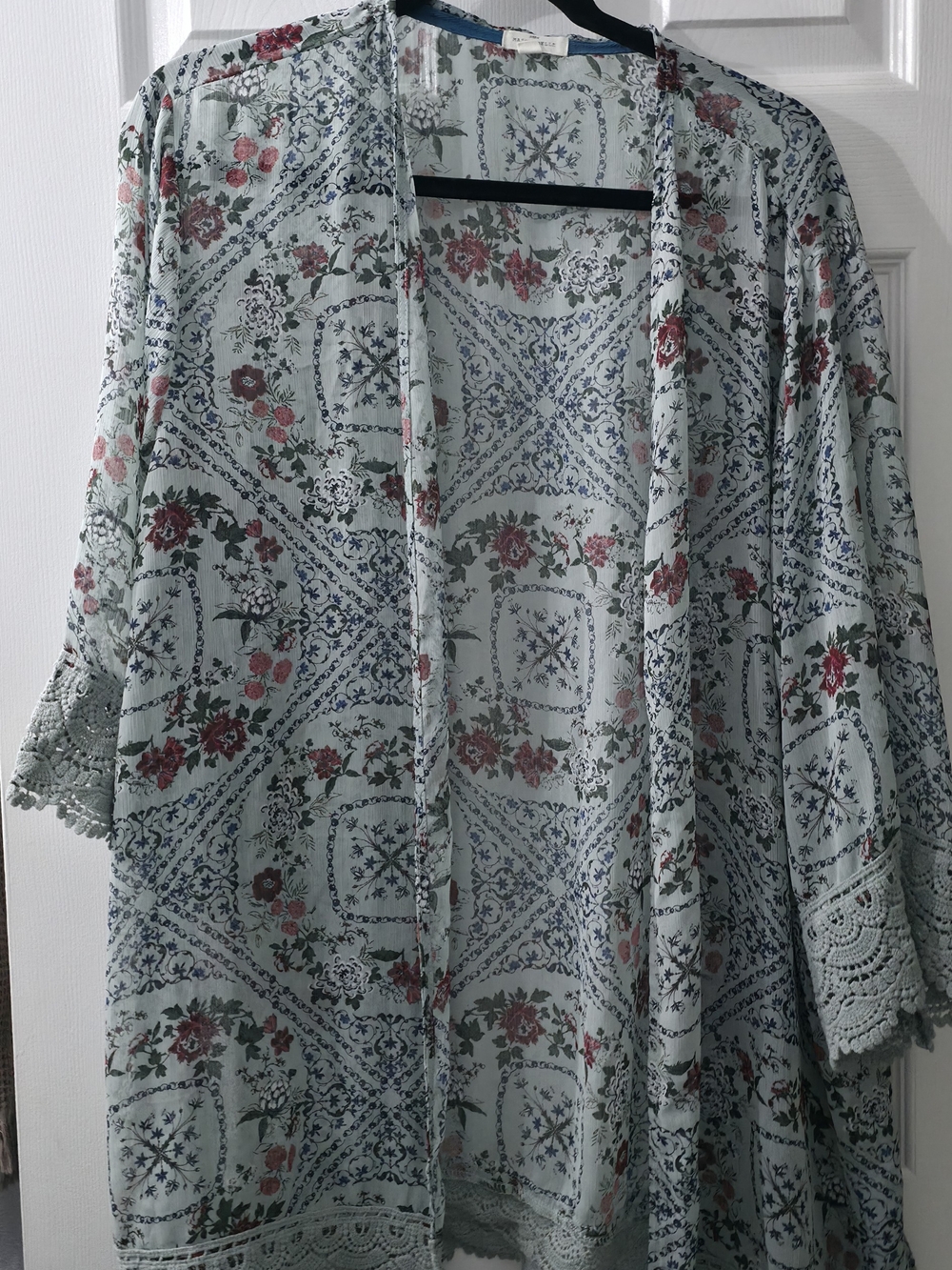 Floral Crochet-Trim Open Front Kimono Jacket - Mint Green